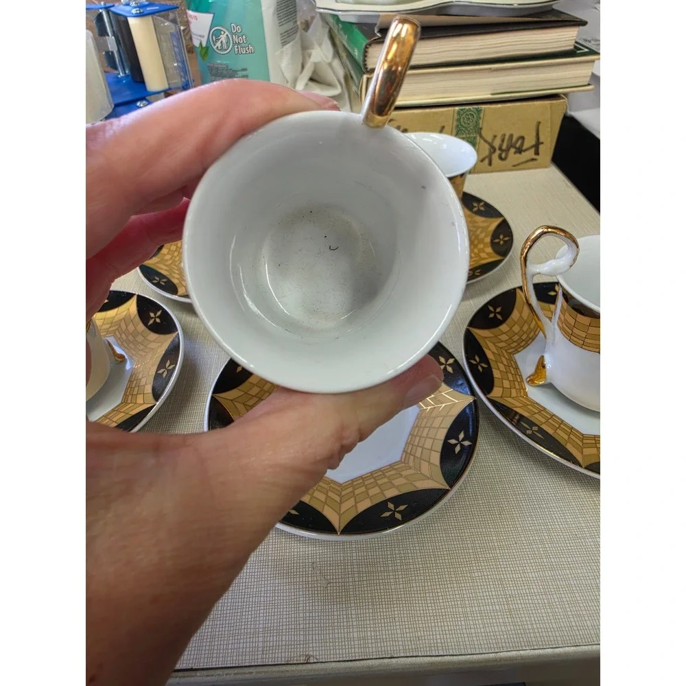 Vintage Art Deco Footed Demitasse Espresso Cup and Saucer Set Black Gold 5pc